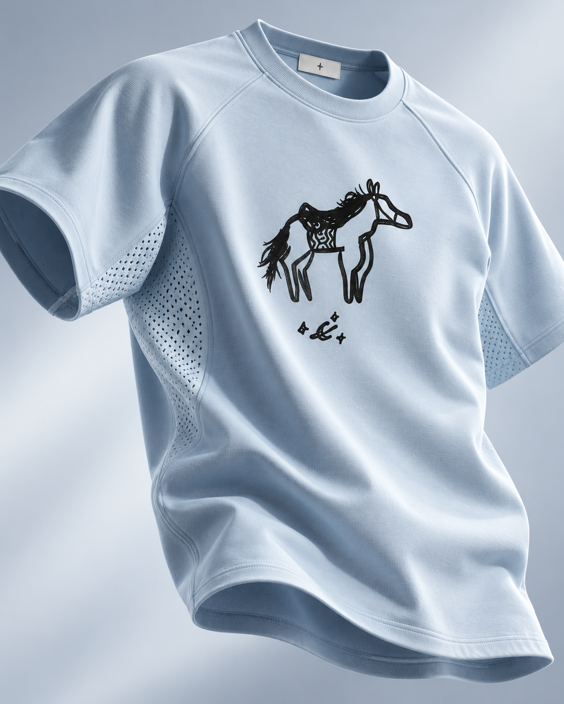HORSE TEE: light blue raglan tee with the hand-drawn horse and moon print and diamond-perforated side panels
