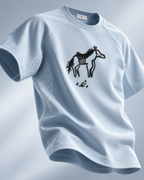 HORSE TEE: light blue raglan tee with the hand-drawn horse and moon print and diamond-perforated side panels