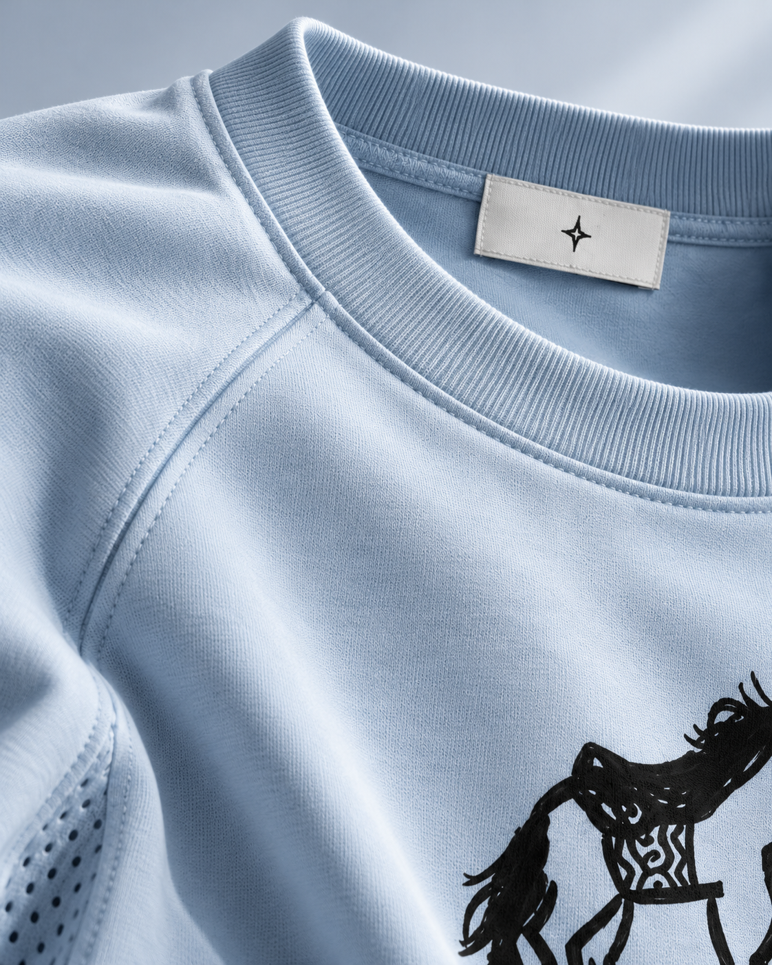Close-up of the light blue ribbed collar, raglan seam and inside label