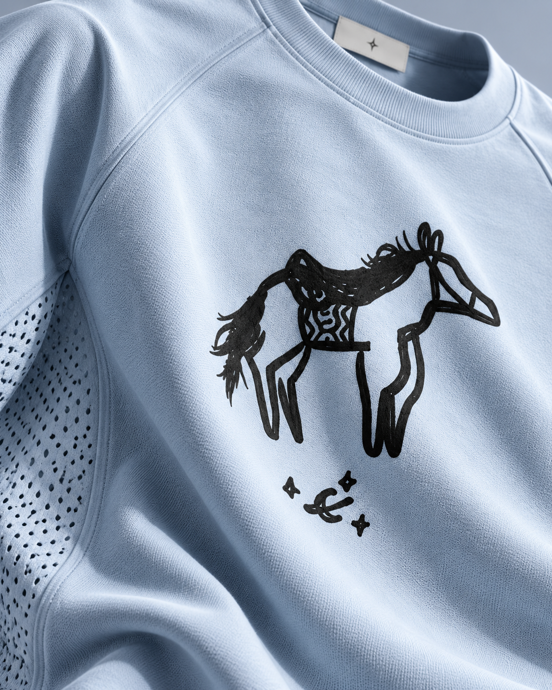 Close-up of the hand-drawn horse and moon print