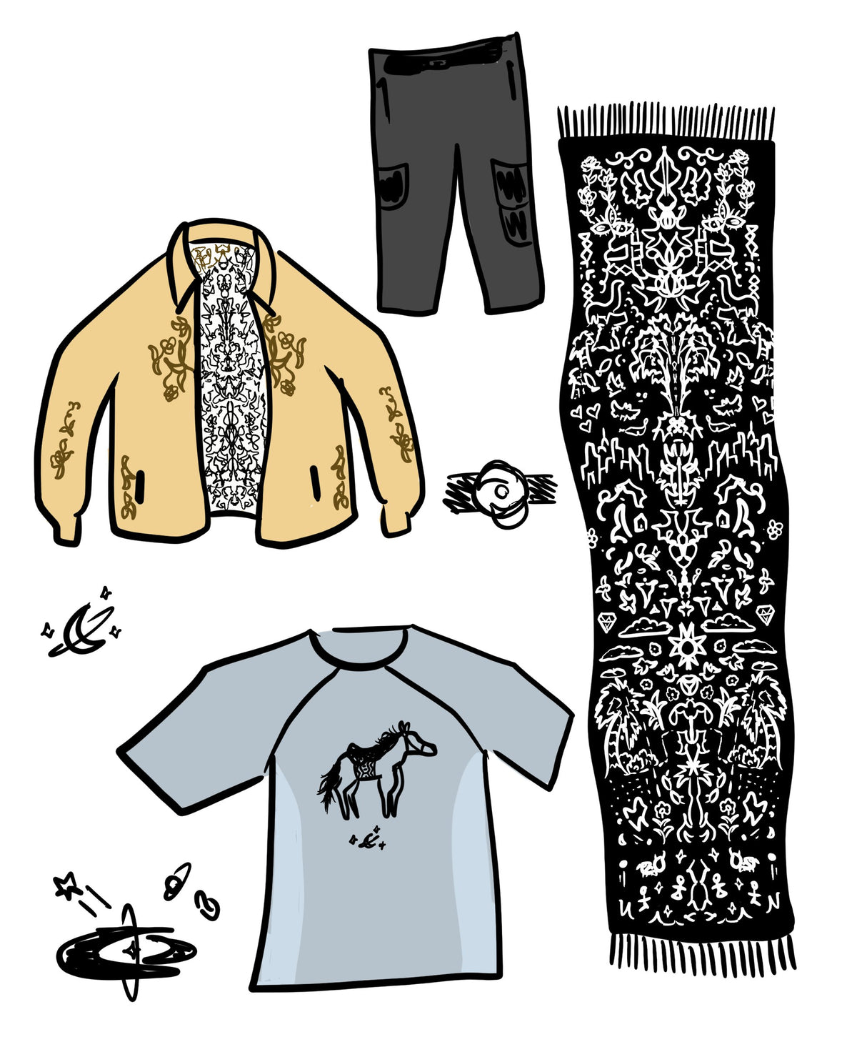 Drop 01 design sketches: jacket, tee, pants and scarf