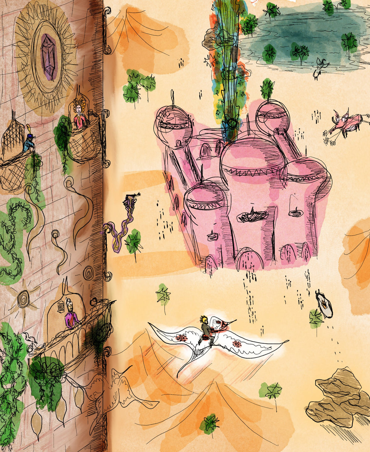 Painting of a pink castle in the desert with a flying carpet