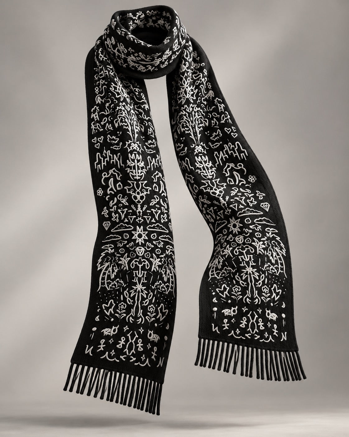 WORLDWIDE SCARF: black cashmere-merino scarf with a hand-drawn pattern in cream and twisted fringe, shown floating