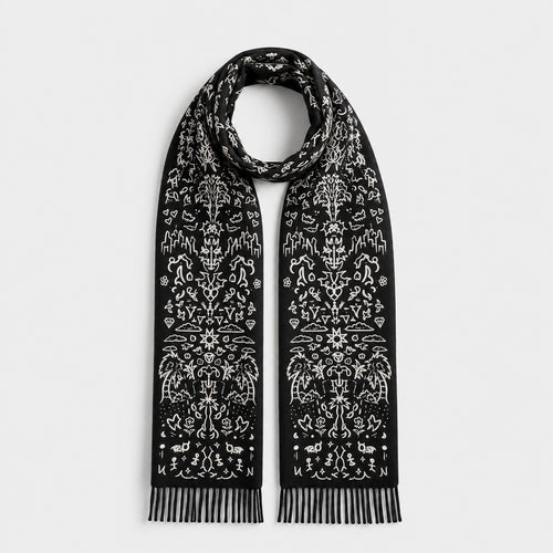 WORLDWIDE SCARF looped and laid flat, showing the mirrored hand-drawn pattern on both ends