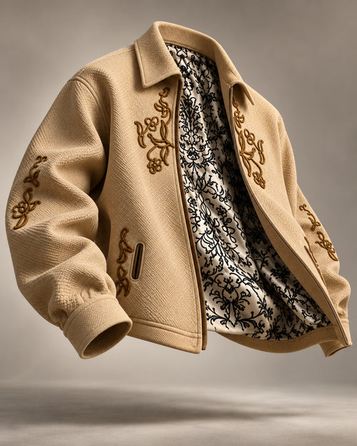 SUKOON JACKET from a three-quarter angle, showing embroidery on the chest, pockets and sleeves