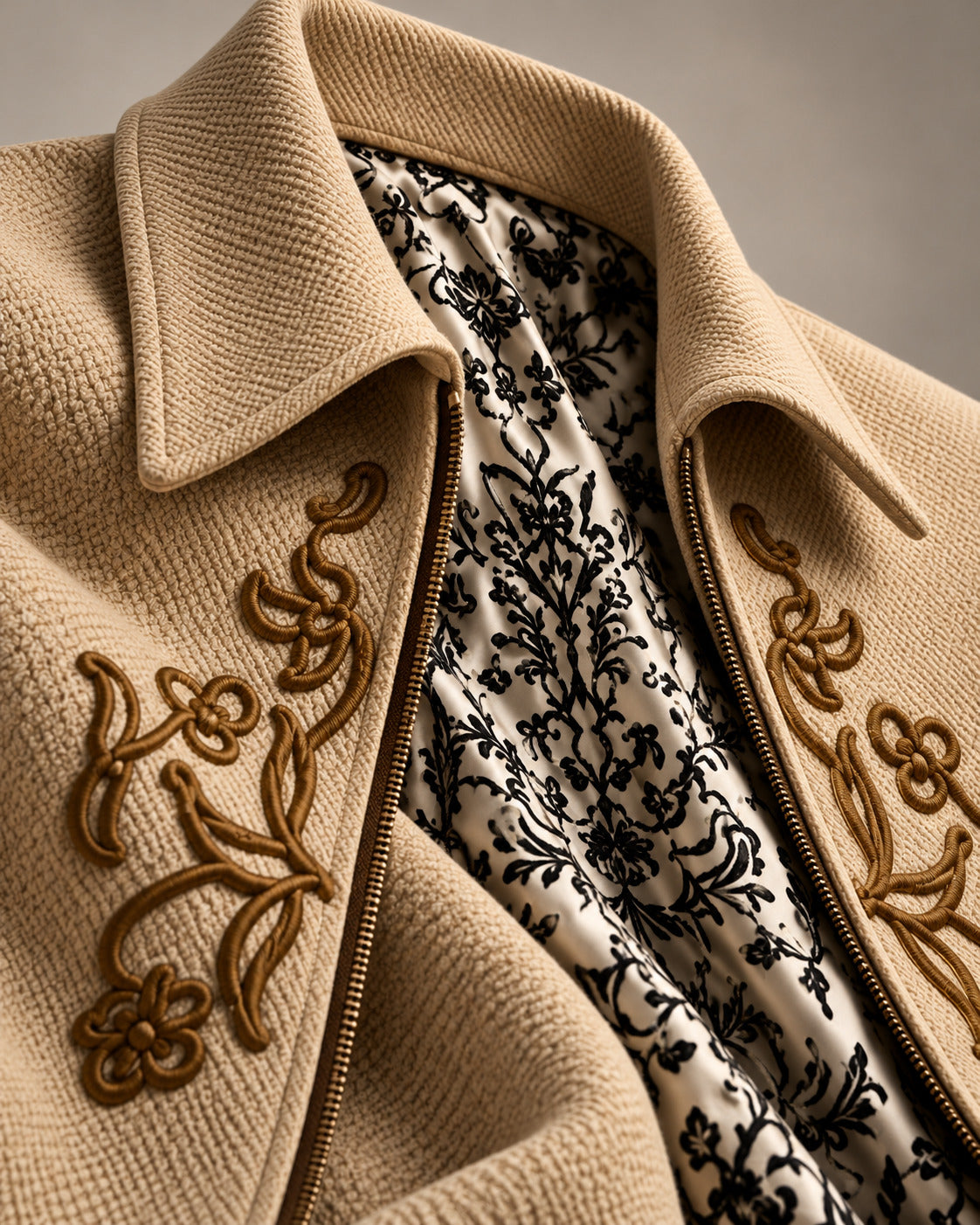 Close-up of the spread collar, full-length zip and damask lining