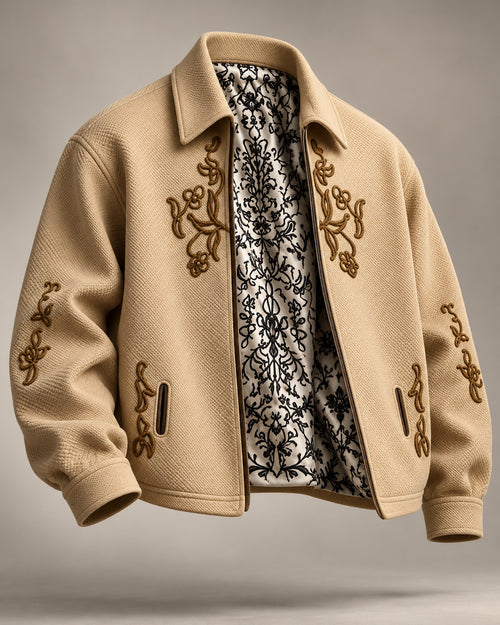 SUKOON JACKET front: cream honeycomb jacket with raised brown floral embroidery, open to a black and white damask lining