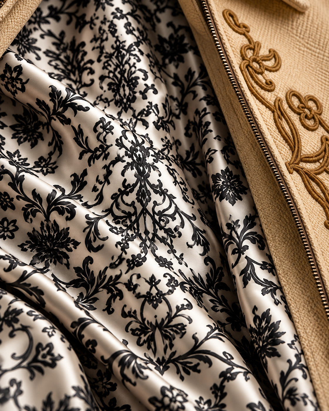 Close-up of the black and white damask lining beside the zip and embroidery